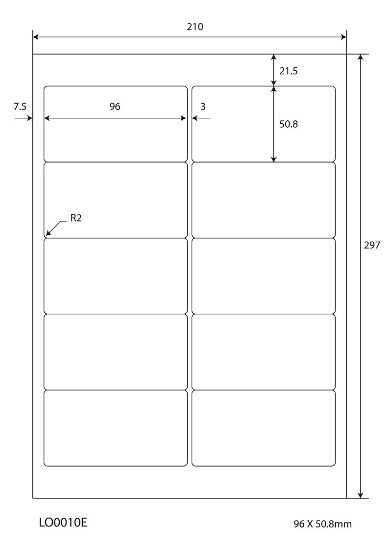 1000 universal labels 96x50.8mm, on 100 Din A4 sheets, glossy, self-adhesive LO-0010-E-80