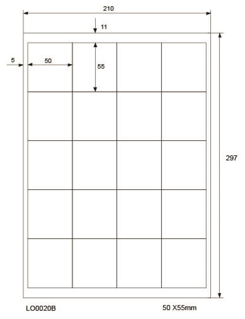 2000 universal labels 50x55mm, on 100 Din A4 sheets, glossy, self-adhesive LO-0020-B-80