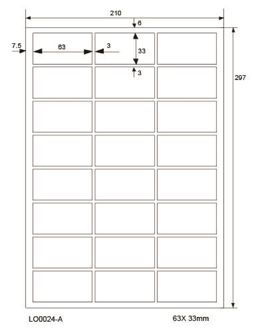 2400 universal labels 63x33mm, on 100 Din A4 sheets, glossy, self-adhesive LO-0024-A-80