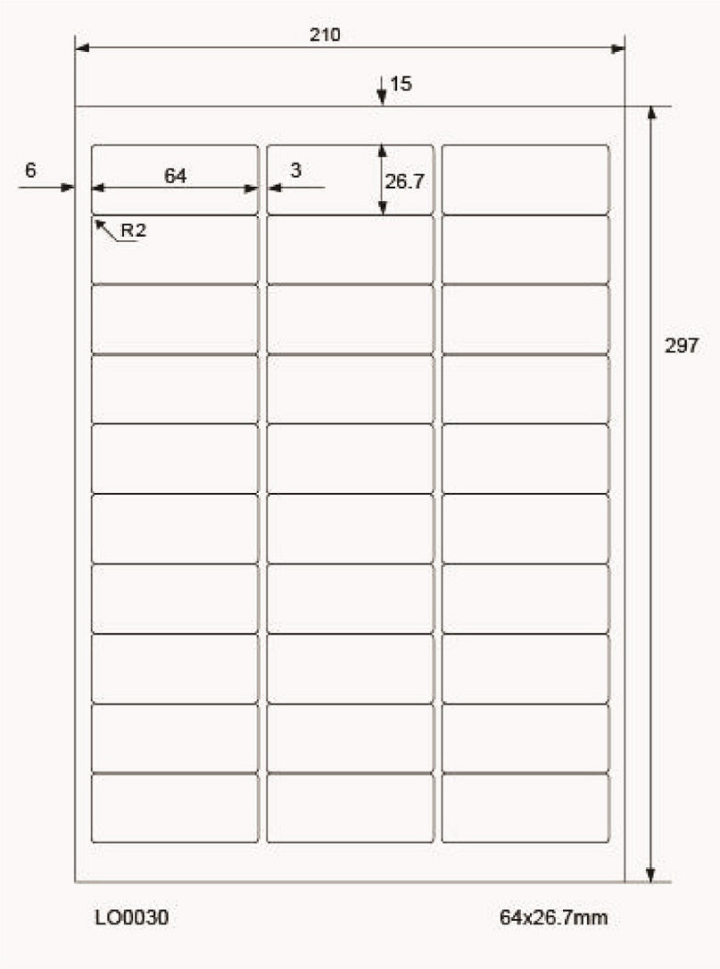 3000 universal labels 64x26.7mm, on 100 DIN A4 sheets, glossy, self-adhesive LO-0030-80