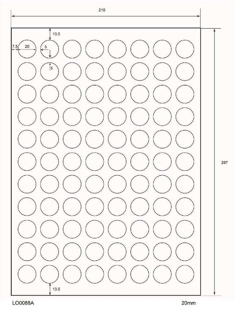 8800 universal labels 20mm round, on 100 DIN A4 sheets, glossy, self-adhesive LO-0088-A-80