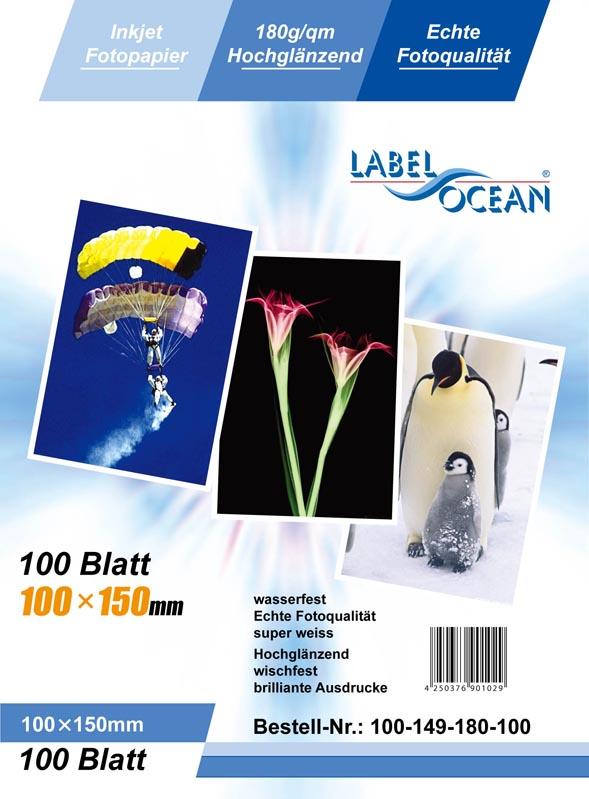 100 sheets of 10x15cm 180g/m² photo paper HGlossy+waterproof from LabelOcean a-100-149-180