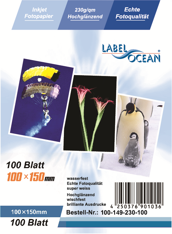 100 sheets of 10x15cm 230g/m² photo paper HGlossy+waterproof from LabelOcean a-100-149-230