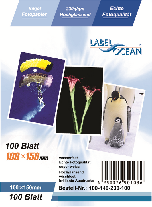 100 sheets of 10x15cm 230g/m² photo paper HGlossy+waterproof from LabelOcean a-100-149-230