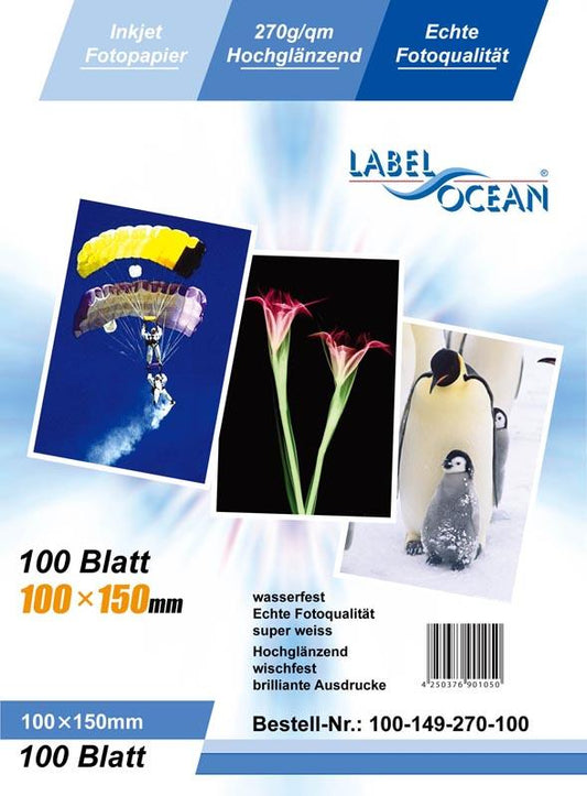 100 sheets of 10x15cm 270g/m² photo paper HGlossy+waterproof from LabelOcean a-100-149-270
