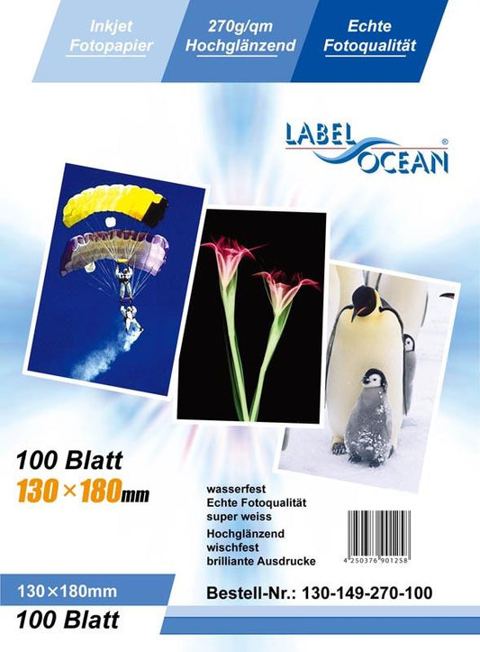 100 sheets of 13x18cm 270g/m² photo paper HGlossy+waterproof from LabelOcean a-130-149-270