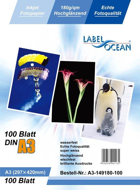 100 sheets of A3 180g/m² photo paper HGlossy+waterproof from LabelOcean A3-149-180
