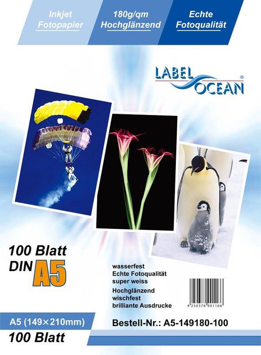 100 sheets of A5 180g/m² photo paper HGlossy+waterproof from LabelOcean A5-149-180