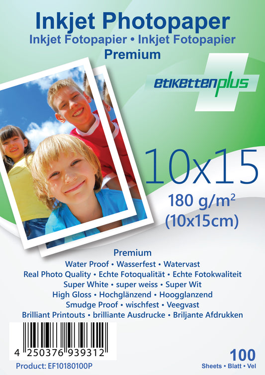 100 sheets 10x15cm 180g/m² PREMIUM photo paper high-gloss + waterproof from EtikettenPlus EF10180100P