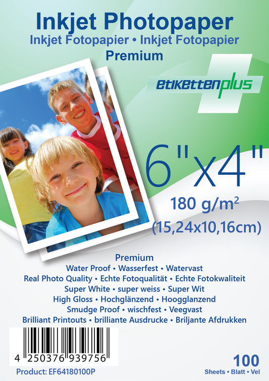 100 sheets of 6"x4" 180g/m² PREMIUM photo paper high-gloss + waterproof from EtikettenPlus EF64180100P