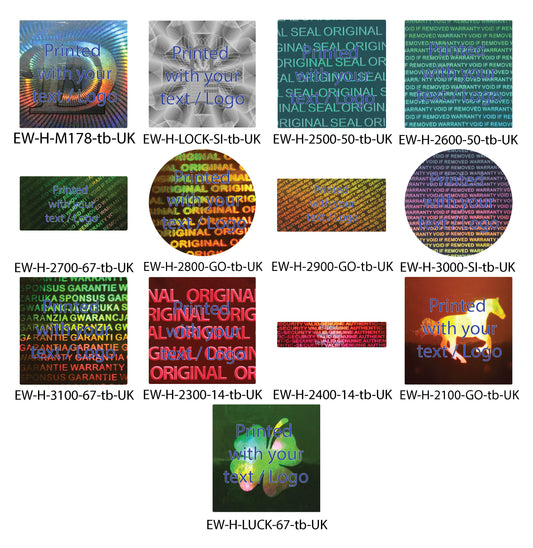 Hologram sticker, guarantee seal, security label printed blue with your desired text from EtikettenWorld BV