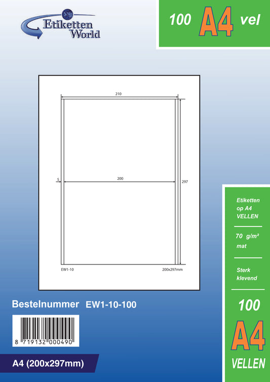 500 universal labels 200x297mm, on 500 Din A4 sheets, matte, self-adhesive, 70g EW1-10 from Etikettenworld EW1-10