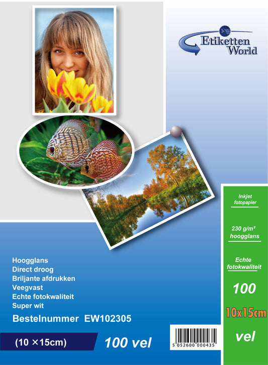 100 sheets of EtikettenWorld BV photo paper/photo cards 10x15 cm 230g/sqm high glossy and waterproof EW102305