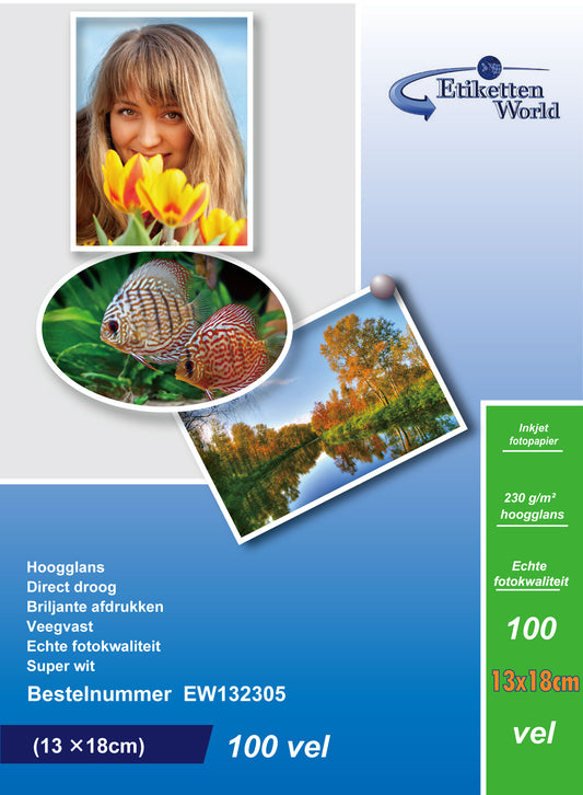 100 sheets of EtikettenWorld BV photo paper/photo cards 13x18 cm 230g/sqm High Glossy and waterproof EW132305