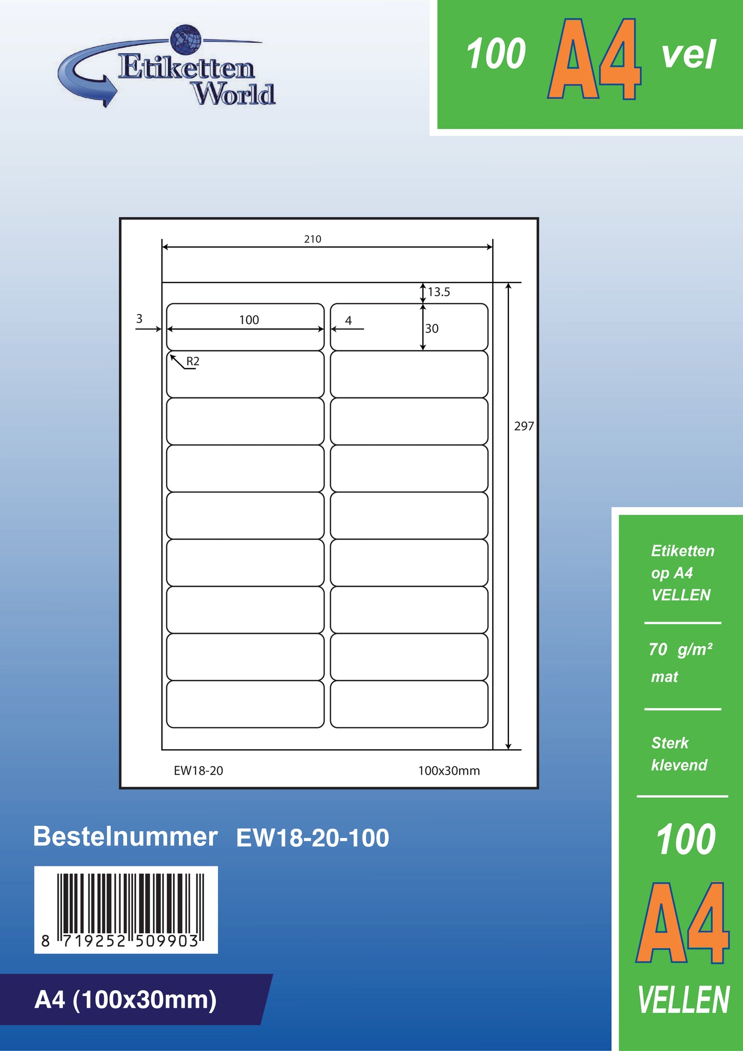 9000 universal labels 100x30mm, on 500 DIN A4 sheets, matte, self-adhesive, 70g EW18-20 from Etikettenworld EW18-20