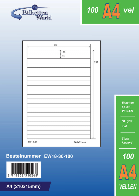 9000 universal labels 210x15mm, on 500 Din A4 sheets, matte, self-adhesive, 70g EW18-30 from Etikettenworld EW18-30