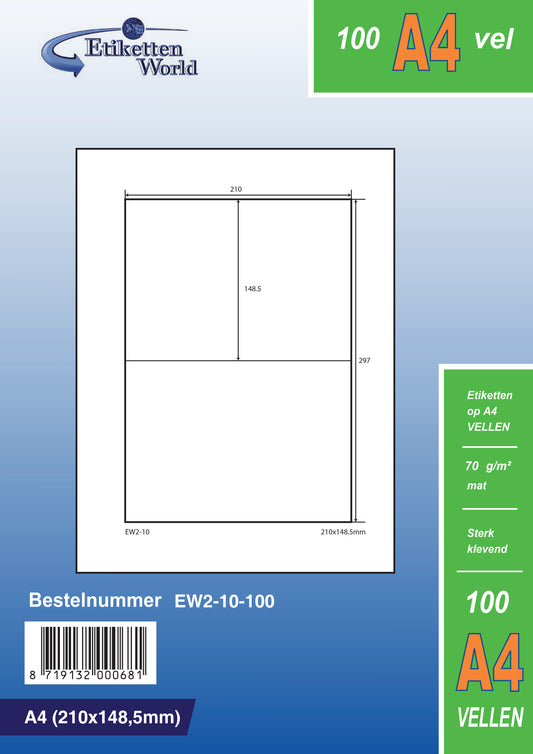 1000 universal labels 210x148.5mm, on 500 A4 sheets, matte, self-adhesive, 70g EW2-10 from Etikettenworld EW2-10