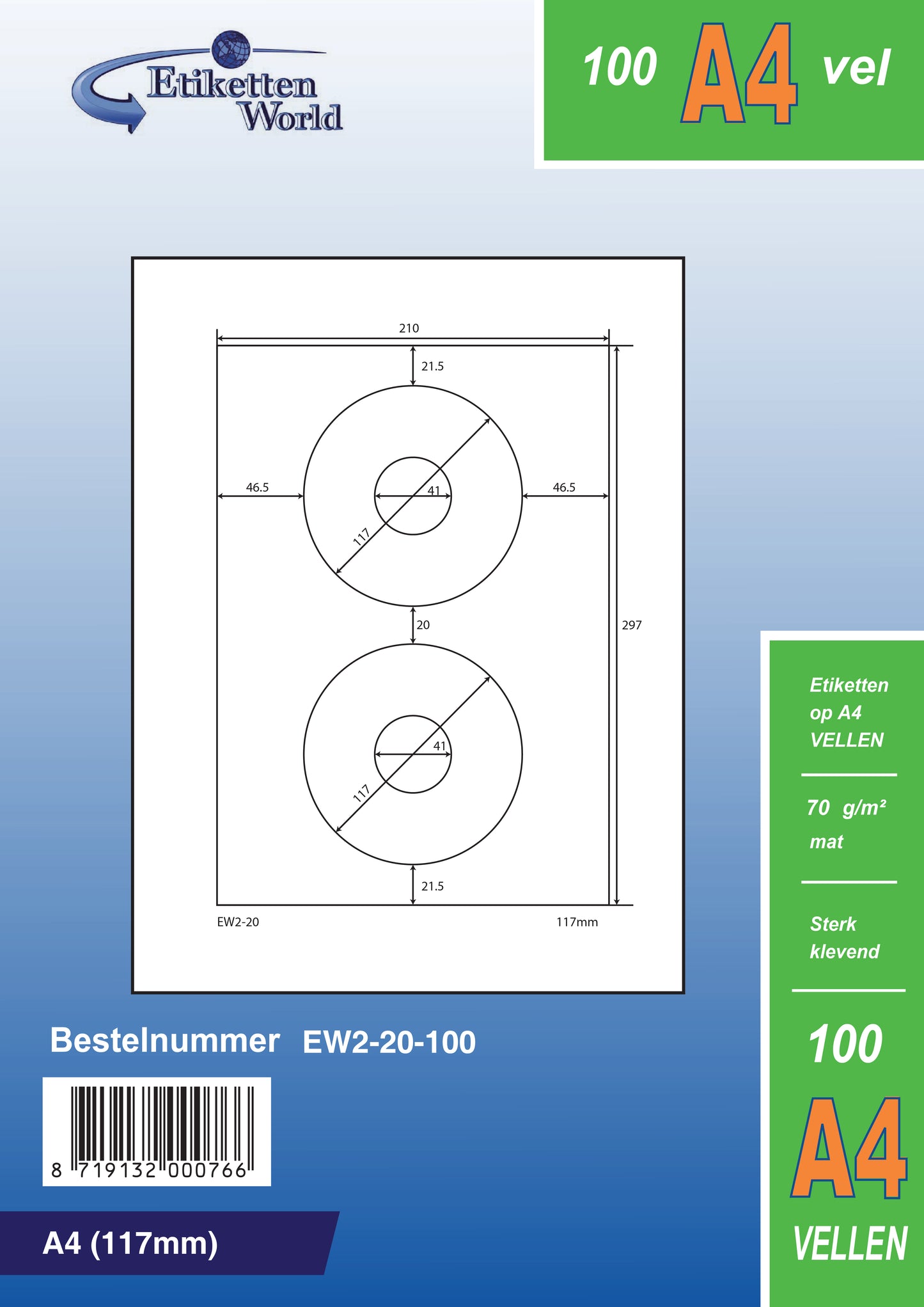 1000 universal labels 117 mm round, on 500 Din A4 sheets, matte, self-adhesive, 70g EW2-20 from Etikettenworld EW2-20