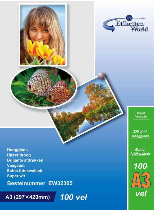 100 sheets of EtikettenWorld BV photo paper/photo cards A3 230g/sqm high glossy and waterproof EW32305
