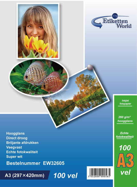 100 sheets of EtikettenWorld BV photo paper/photo cards A3 260g/sqm high glossy and waterproof EW32605