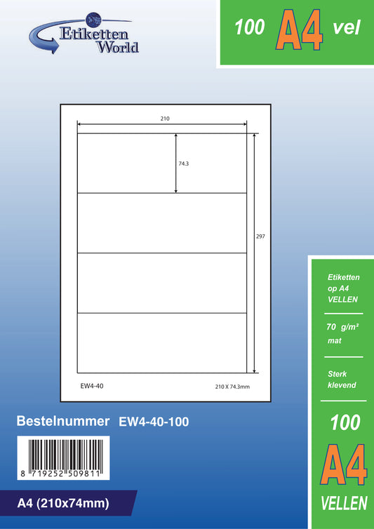 2000 universal labels 210x74mm, on 500 Din A4 sheets, matte, self-adhesive, 70g EW4-40 from Etikettenworld EW4-40