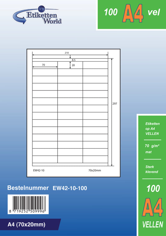 21000 universal labels 70x20mm, on 500 DIN A4 sheets, matte, self-adhesive, 70g EW42-10 from Etikettenworld EW42-10