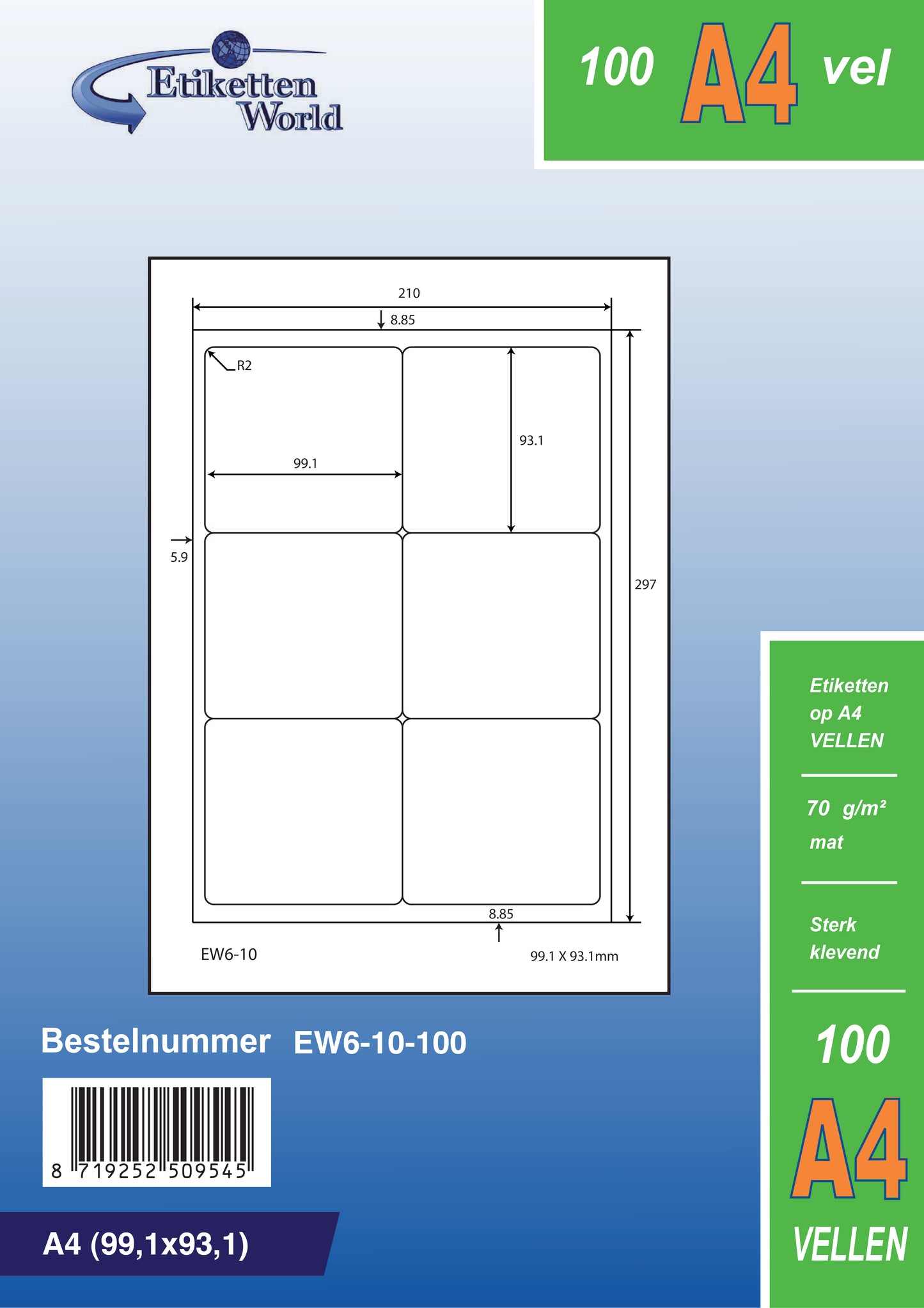 3000 universal labels 99.1x93.1mm, on 500 DIN A4 sheets, matte, self-adhesive, 70g EW6-10 from Etikettenworld EW6-10