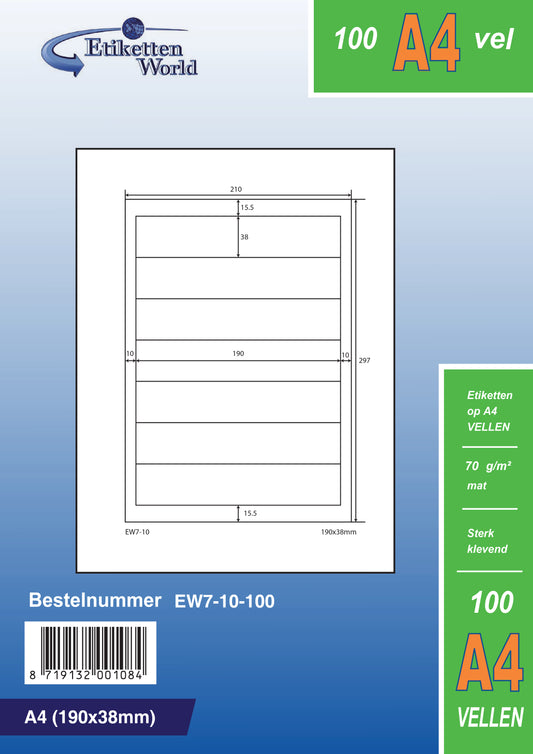 3500 universal labels 190x38mm, on 500 Din A4 sheets, matte, self-adhesive, 70g EW7-10 from Etikettenworld EW7-10