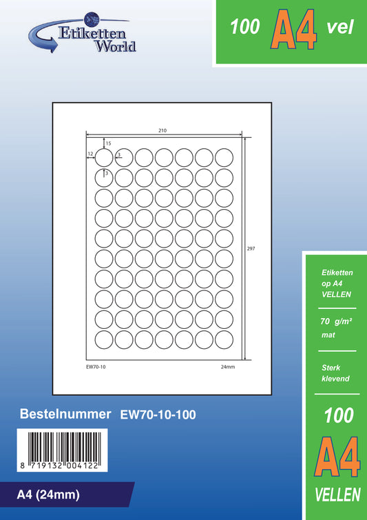 35000 universal labels 24mm round, on 500 DIN A4 sheets, matte, self-adhesive, 70g EW70-10 from Etikettenworld EW70-10