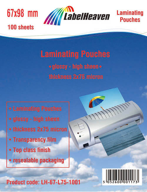 100 sheets of 67x98mm laminating films/lamination bags glossy from LabelHeaven Ltd. LH-67-L75-1001