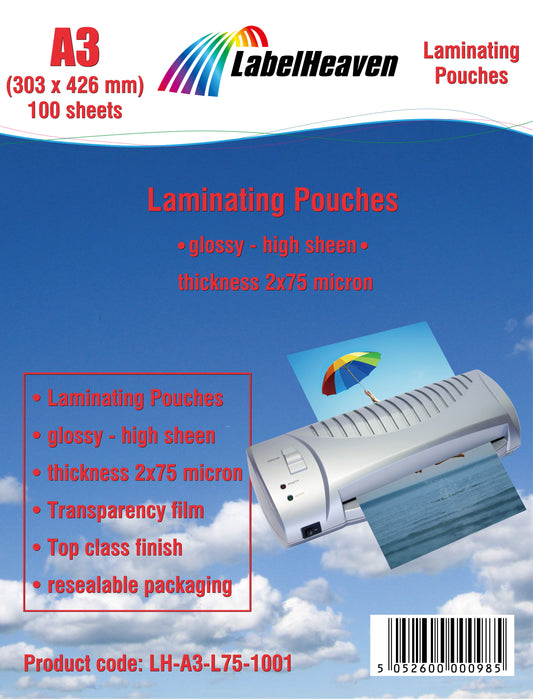 100 sheets of A3 laminating pouches glossy from LabelHeaven Ltd. LH-A3-L75-1001