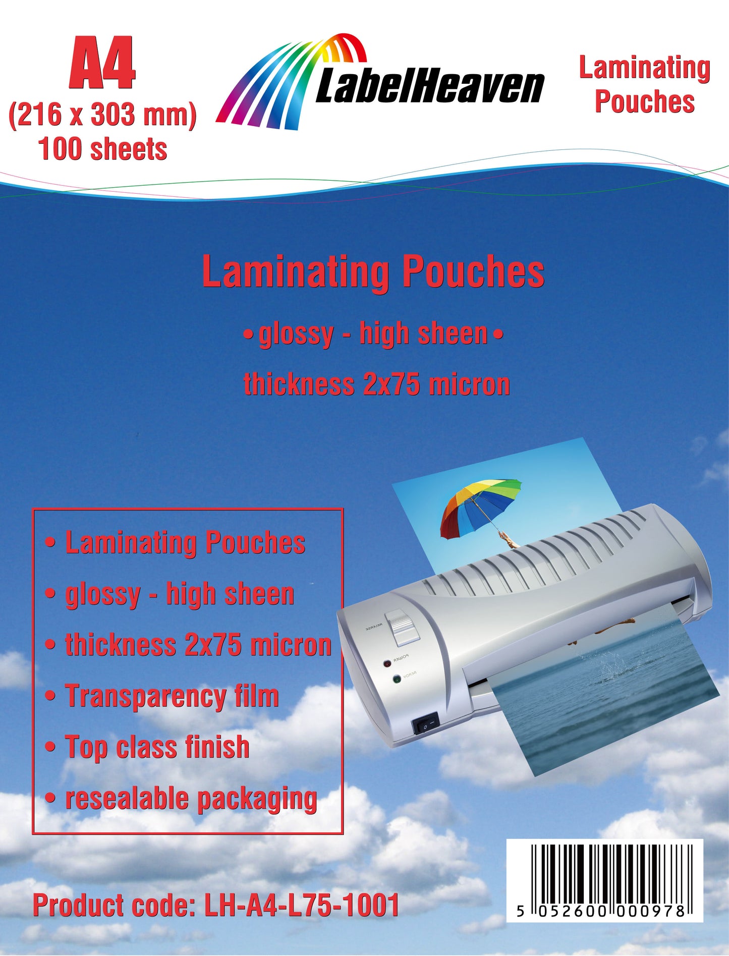 100 sheets of A4 laminating pouches glossy from LabelHeaven Ltd. LH-A4-L75-1001