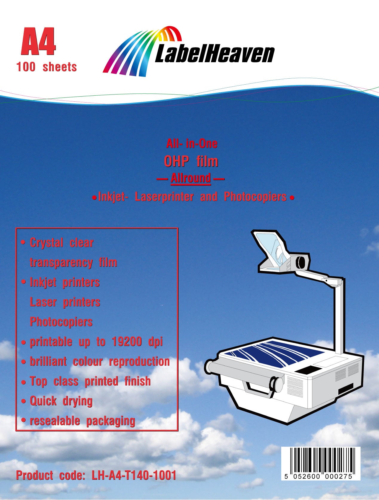 100 sheets waterproof milky A4 overhead film LH-A4-T140-100 (OHP) transparent-clear film for inkjet printers.