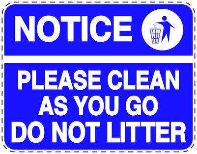 Garbage bin sticker "Notice, please clean as you go do not litter" blue horizontal LH-LITTER-H-10200-44