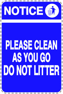 Garbage bin sticker "Notice, please clean as you go do not litter" blue vertical LH-LITTER-V-10200-44