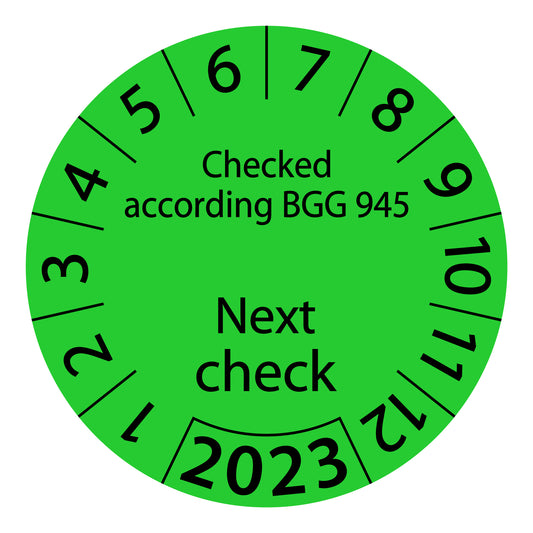 One-year test labels, tested according to BGG 945 Next test date, starting year: 2023 made of paper or plastic ES-PRBGG945NP-1-2023