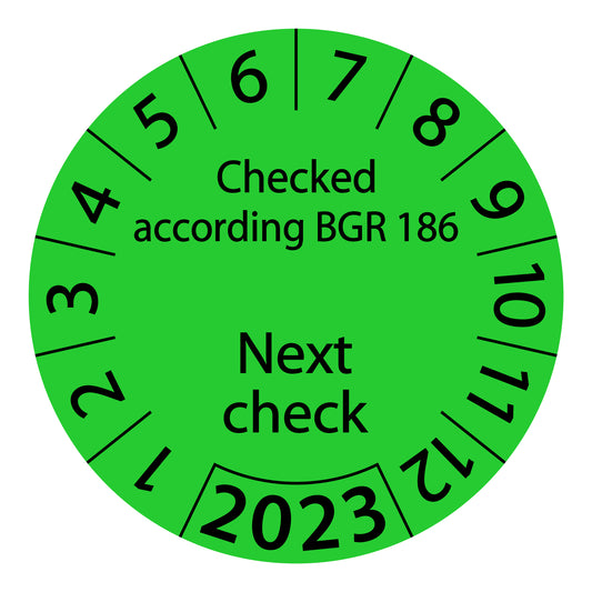 One-year test labels, tested according to BGR 186 Next test date, starting year: 2023 made of paper or plastic ES-PRBGR186NP-1-2023