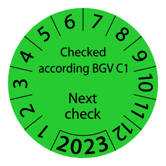 One-year test labels, tested according to BGV C1 Next test date, starting year: 2023 made of paper or plastic ES-PRBGVC1NP-1-2023