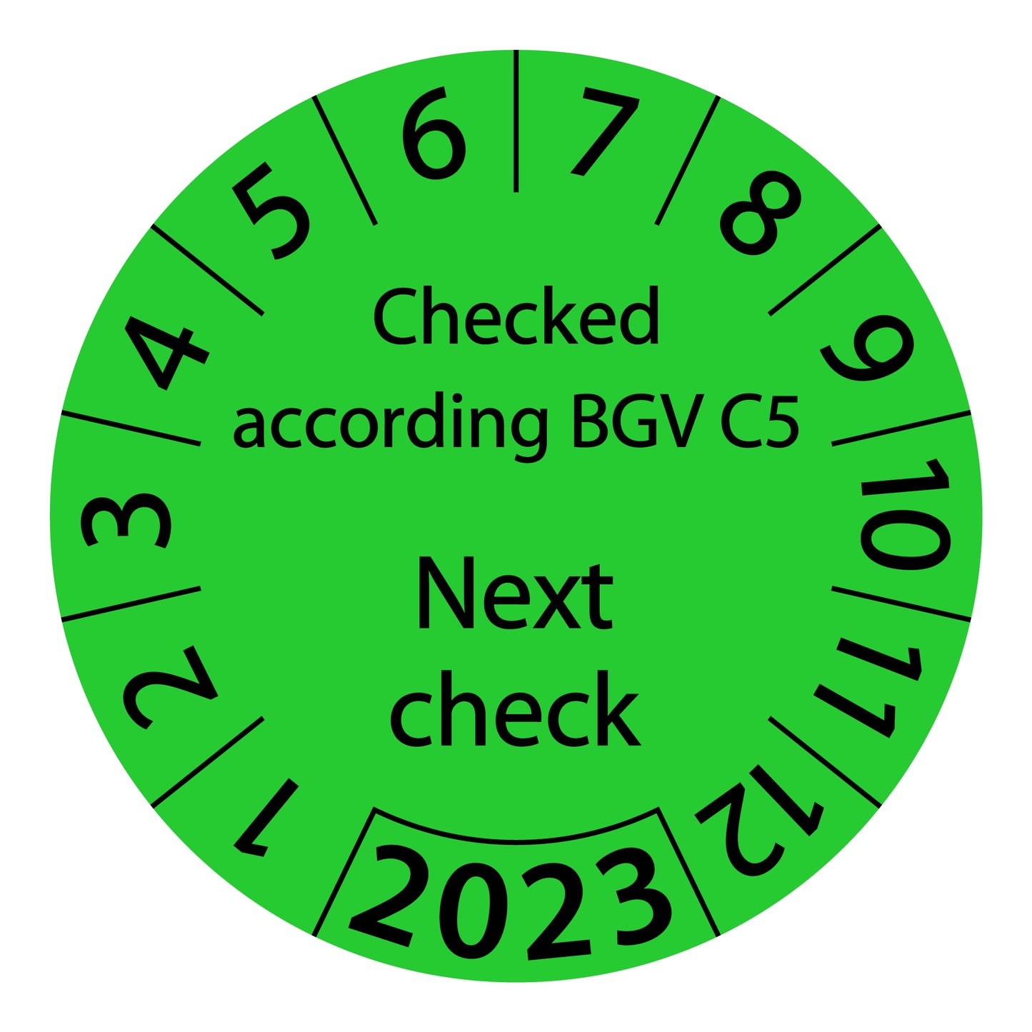 One-year test labels, tested according to BGV C5 Next test date, starting year: 2023 made of paper or plastic ES-PRBGVC5NP-1-2023