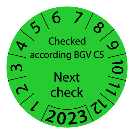 One-year test labels, tested according to BGV C5 Next test date, starting year: 2023 made of paper or plastic ES-PRBGVC5NP-1-2023