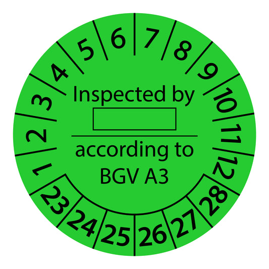 Multi-year test labels, Inspected by according to BGV A3, starting year: 2023 made of paper or plastic ES-PRIBBGV-6-2023