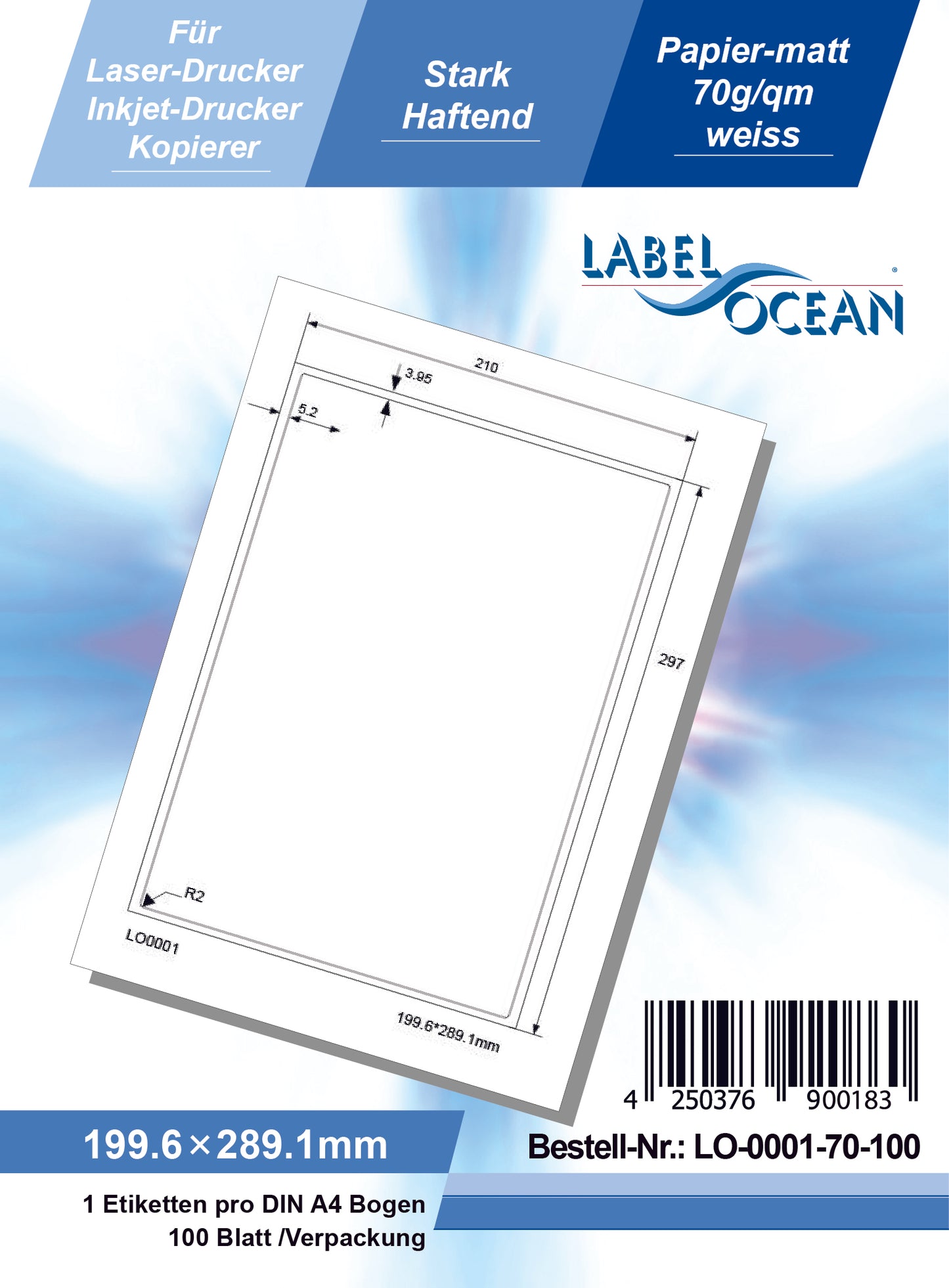 100 DIN A4 sheets 199.6x289.1mm 70g ES-0001-70-0