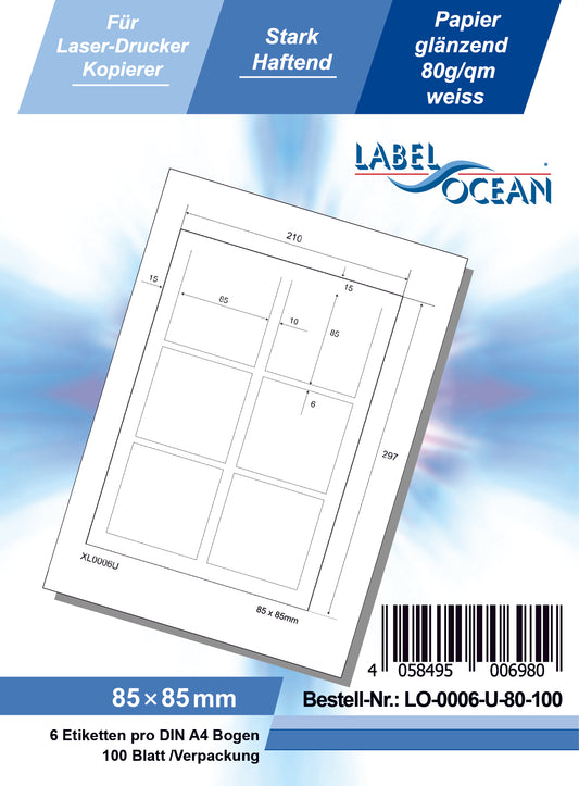 600 universal labels 85x85mm, on 100 Din A4 sheets, glossy, self-adhesive LO-0006-U-80