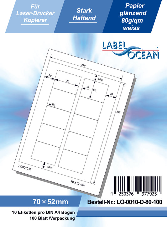 1000 universal labels 70x52mm, on 100 Din A4 sheets, glossy, self-adhesive LO-0010-D-80