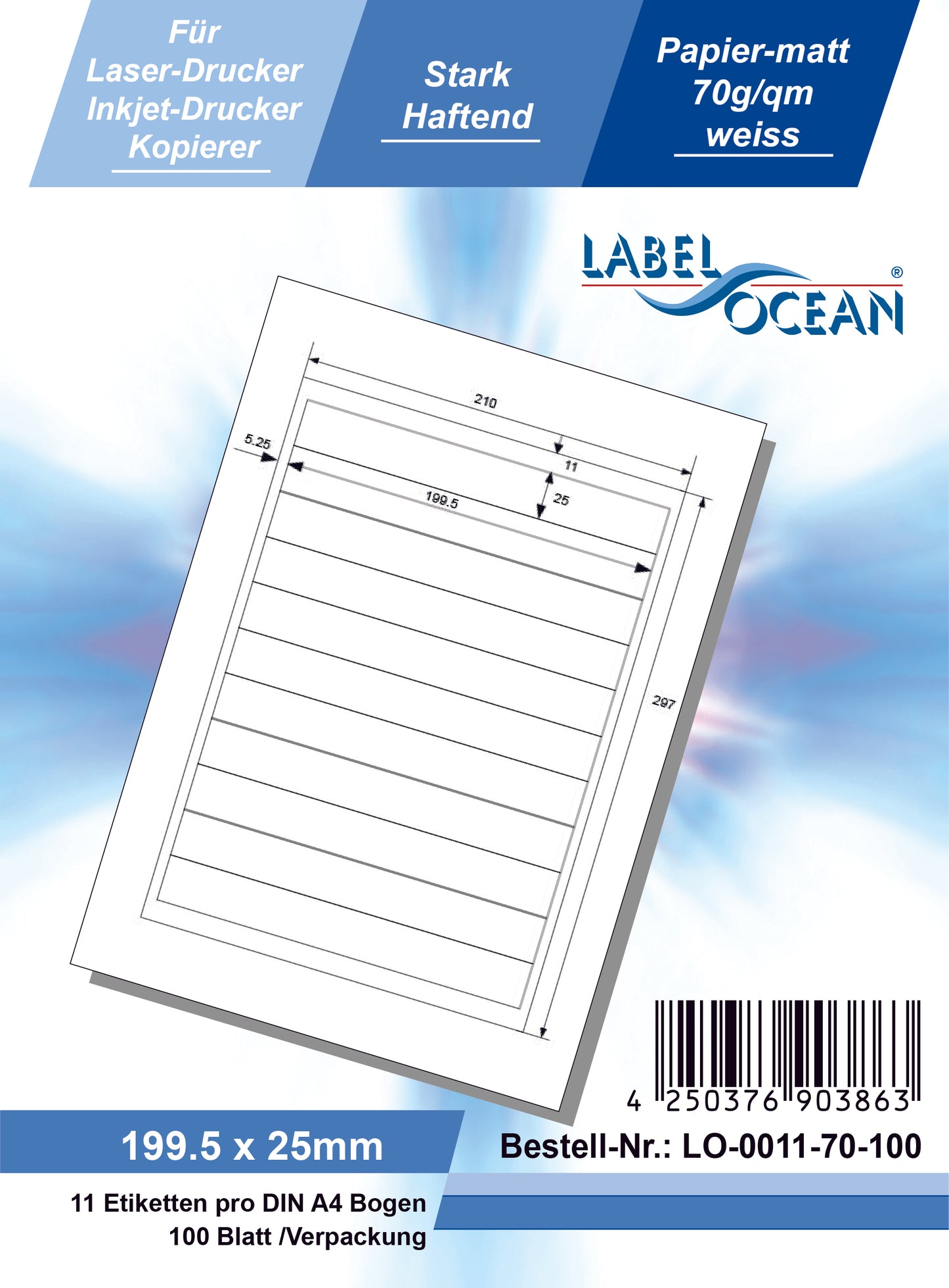 100 DIN A4 sheets 199.5x25 mm 70g ES-0011-70-0