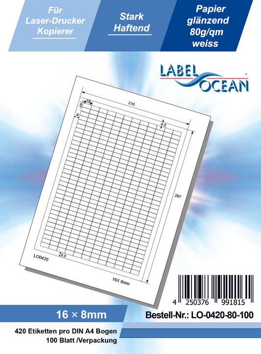 42,000 universal labels 16x8mm, on 100 DIN A4 sheets, glossy, self-adhesive LO-0420-80
