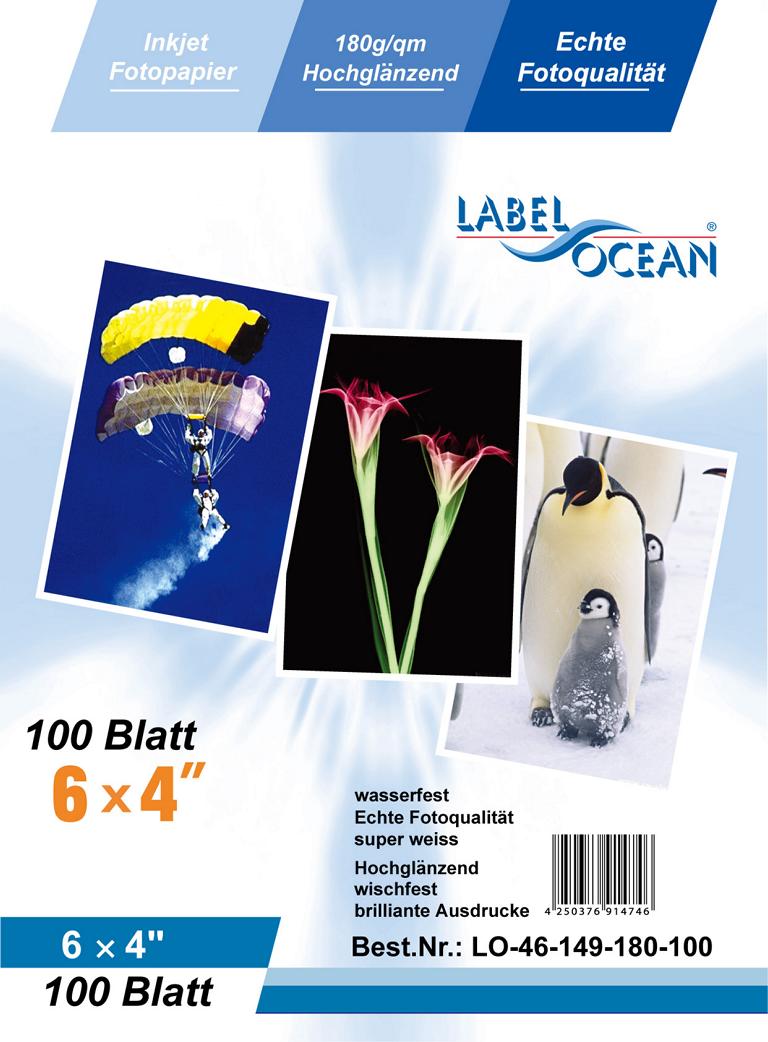 100 sheets of 6x4 inch 180g/m² photo paper HGlossy+waterproof from LabelOcean  6x4"-149180-100