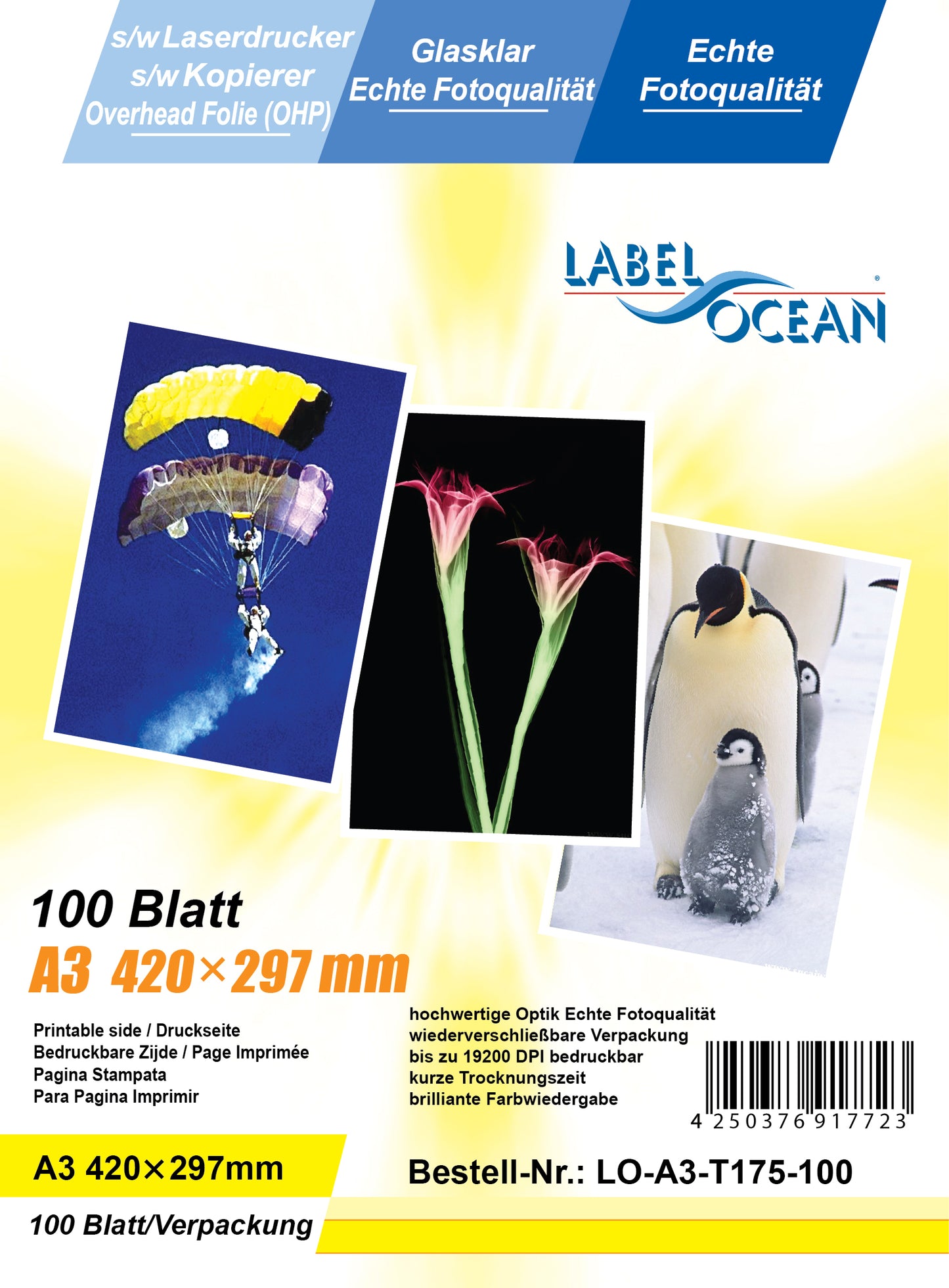 100 sheets of water-resistant, milky A3 overhead transparencies LO-A3-T175-100 (OHP) transparent-clear film for Black and White Laser Printers