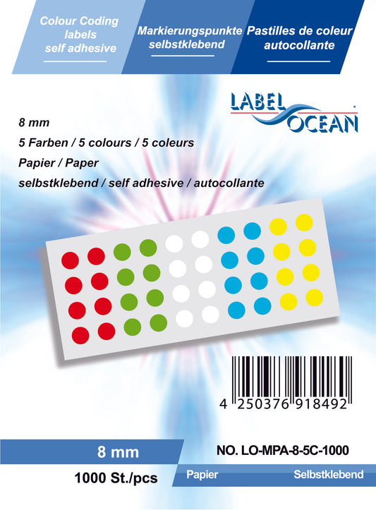 Marking dots 8 mm, 12 mm, 20 mm made of self-adhesive paper on sheets of 5 colors