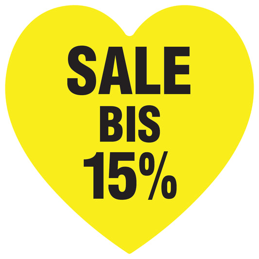 Promotional stickers heart shaped "Sale bis 15%" 10-60 cm LH-SALE-4015-HE-10-3-88